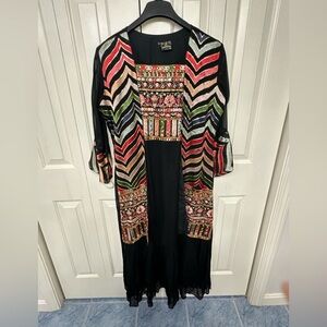 Colorful Embroidered Long Black Kimono style gown in size 25”
